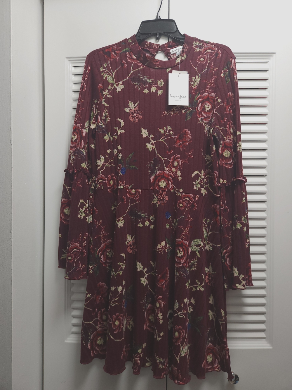 love, Fire Burgundy Floral Ruffle-Sleeve Swing Dress